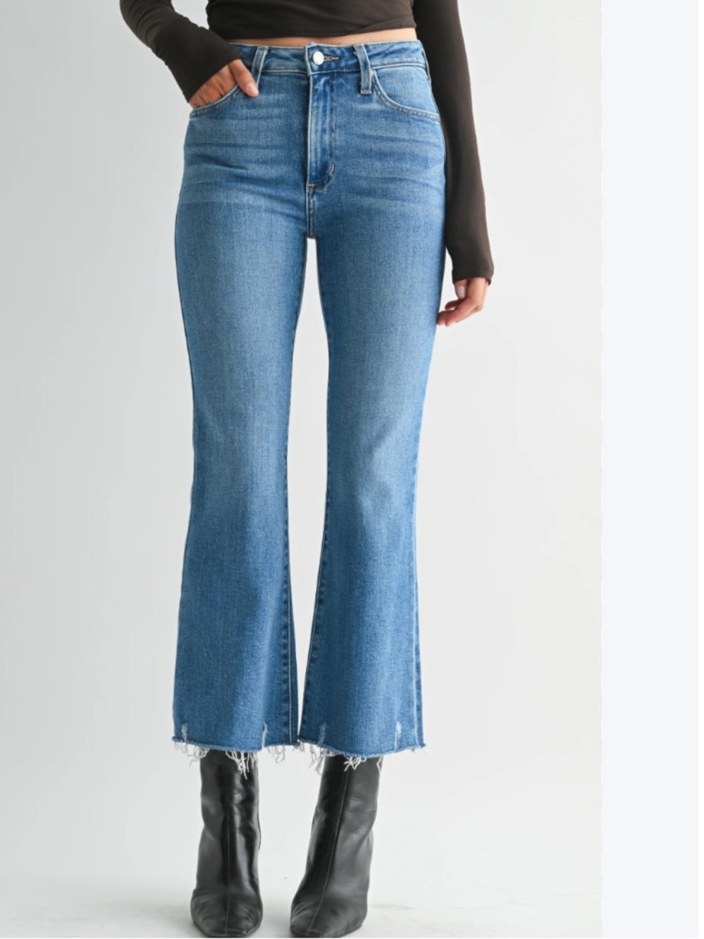 Frame le crop flare frayed hem kick flare jeans medium wash stretchy sz 31